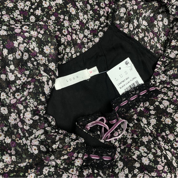Lush Black Lace Long Sleeve Floral Print Mini Dress - Picture 6 of 7